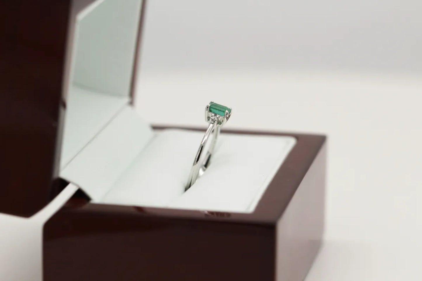 14KT White Gold Dainty Emerald and Diamond Ring Gillespie Fine Jewelers