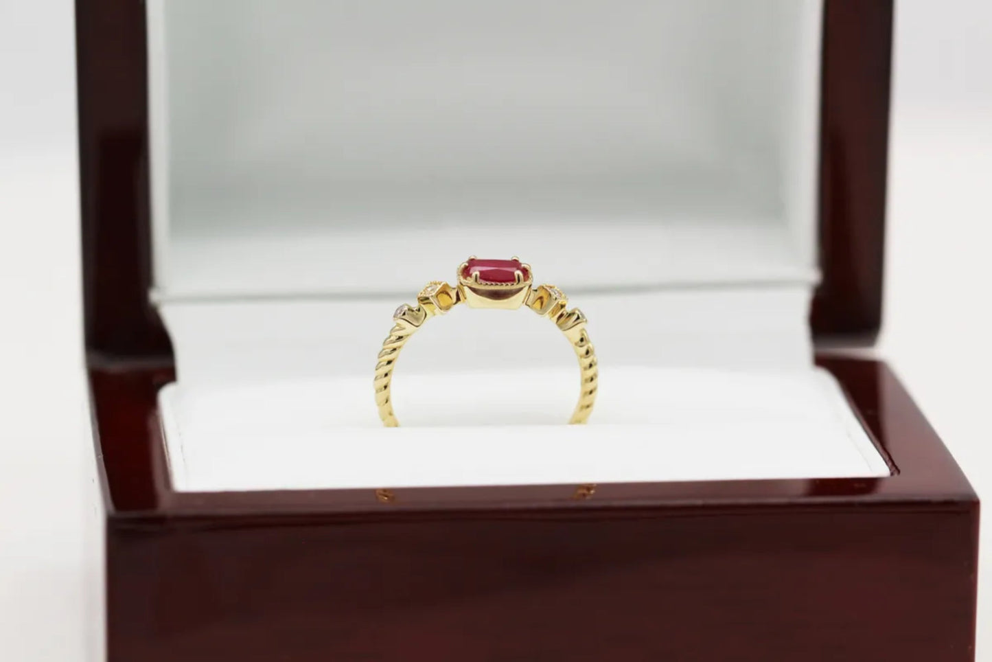 14KT Yellow Gold Ruby and Diamond Ring on Rope Band Gillespie Fine Jewelers