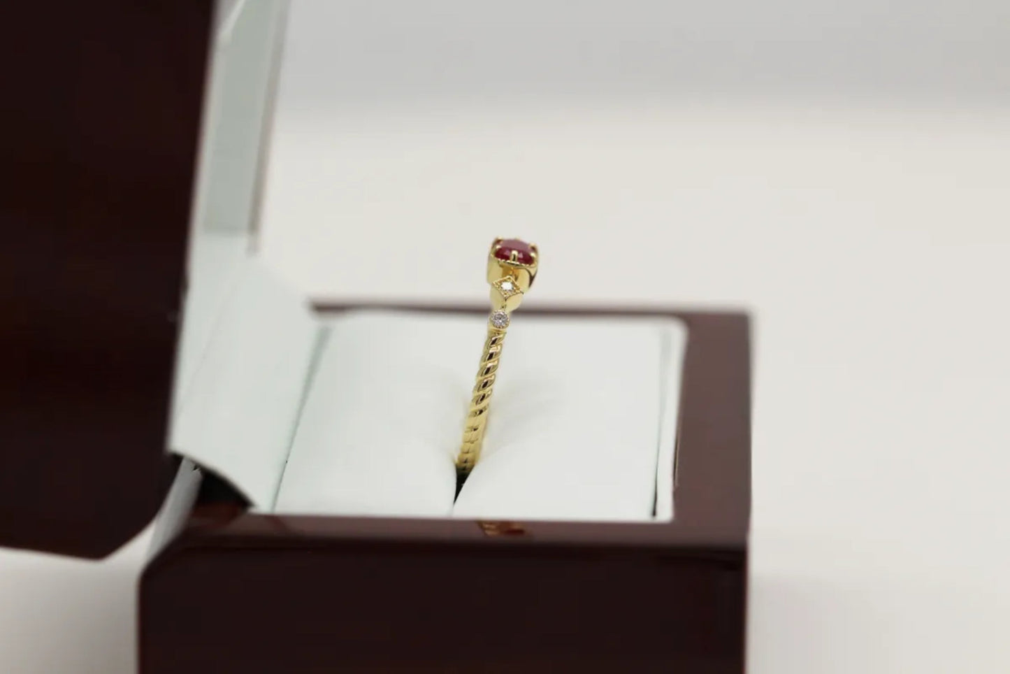 14KT Yellow Gold Ruby and Diamond Ring on Rope Band Gillespie Fine Jewelers