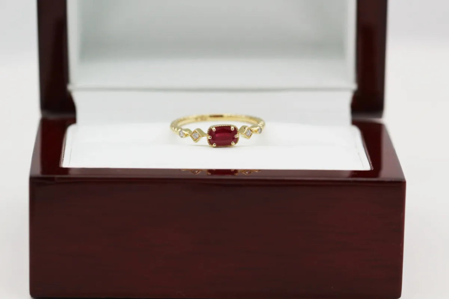 14KT Yellow Gold Ruby and Diamond Ring on Rope Band Gillespie Fine Jewelers