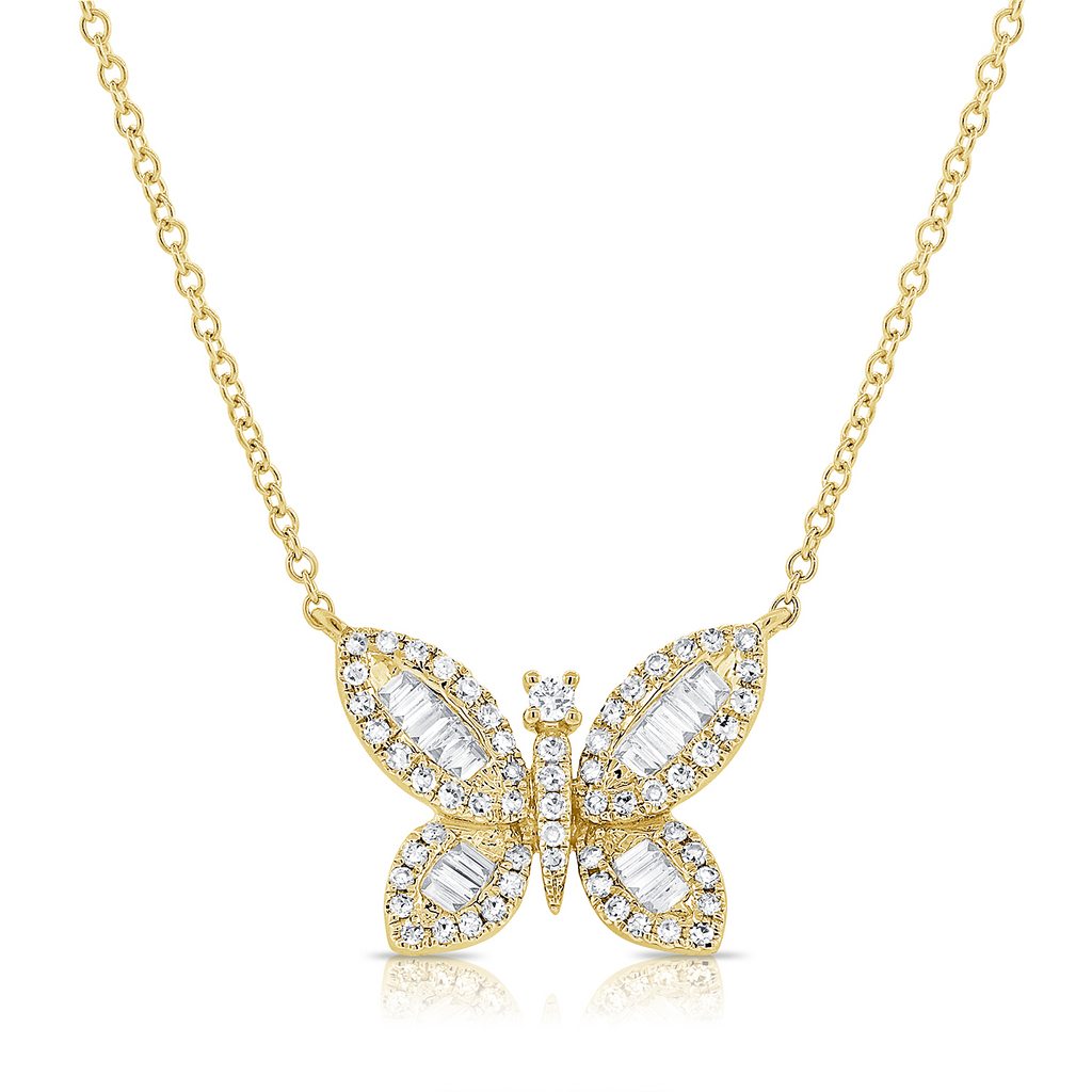 18KT White Gold Diamond Butterfly Mother of Pearl Necklace Gillespie Fine Jewelers