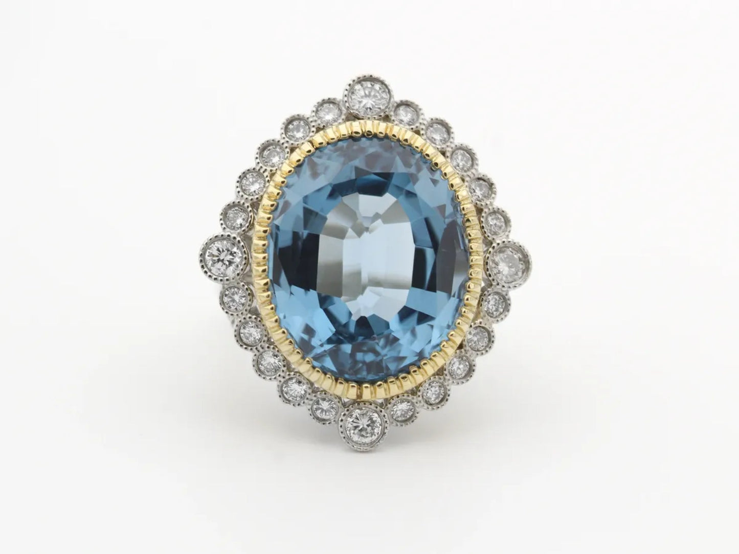 Blue Zircon and Diamond Two-tone Ring Gillespie Fine Jewelers