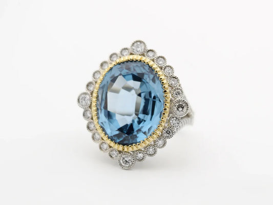 Blue Zircon and Diamond Two-tone Ring Gillespie Fine Jewelers