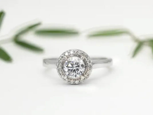 White Gold Diamond Halo with Plain Shank Engagement Ring Gillespie Fine Jewelers