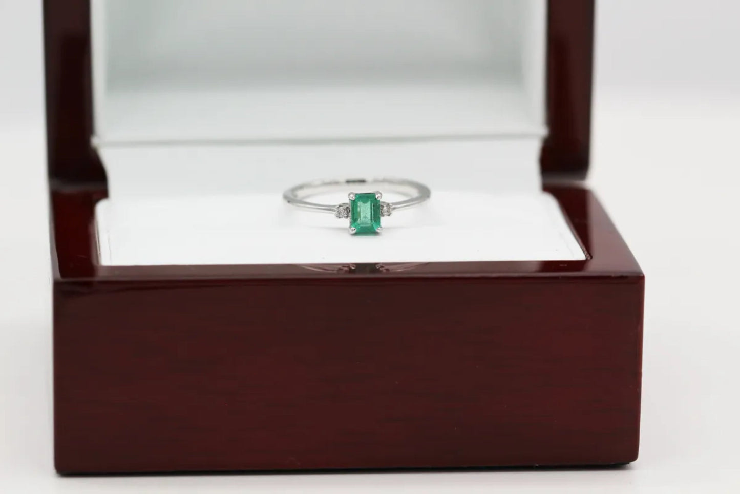 14KT White Gold Dainty Emerald and Diamond Ring Gillespie Fine Jewelers