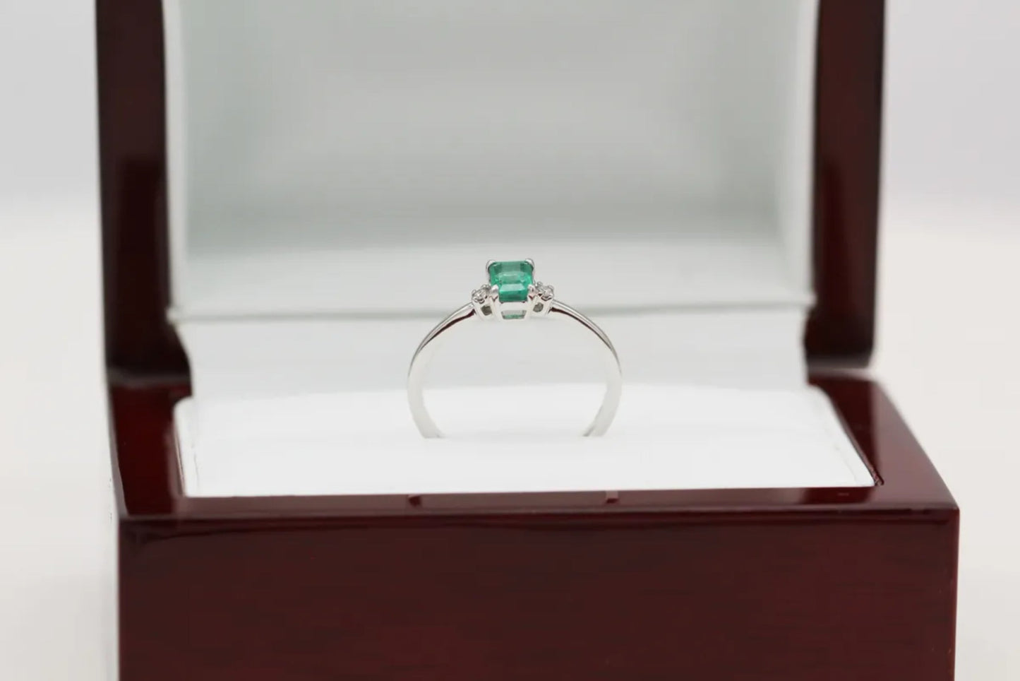 14KT White Gold Dainty Emerald and Diamond Ring Gillespie Fine Jewelers