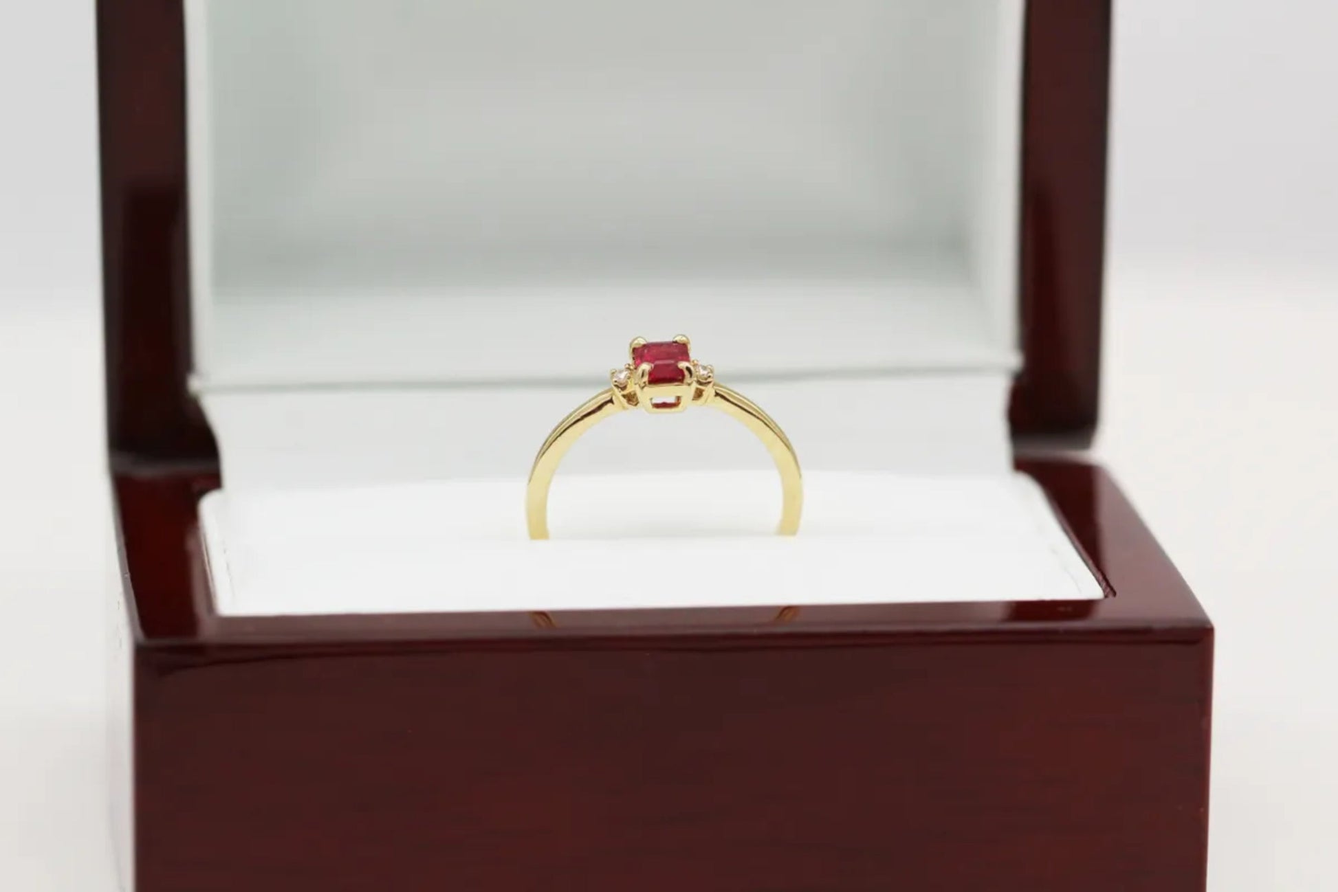 14KT Yellow Gold Dainty Ruby and Diamond Ring Gillespie Fine Jewelers