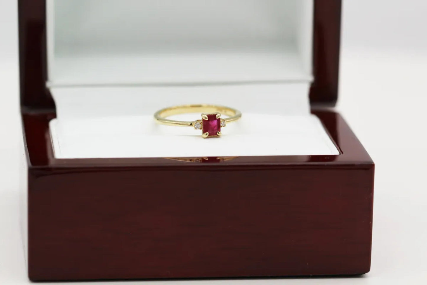 14KT Yellow Gold Dainty Ruby and Diamond Ring Gillespie Fine Jewelers